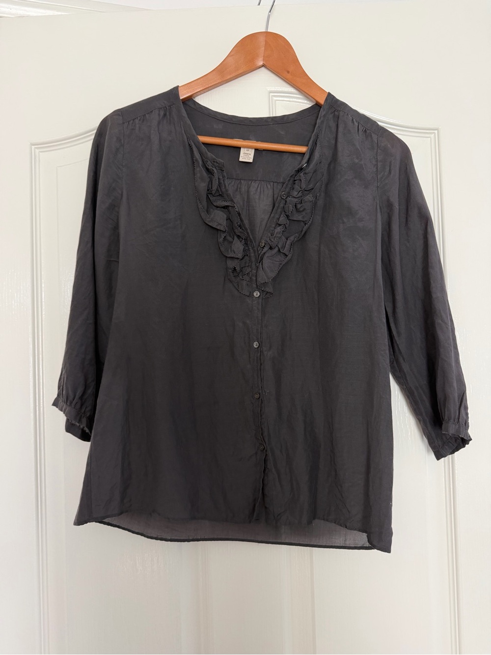 J. Crew Gray Ruffle V-Neck Button-Front Blouse